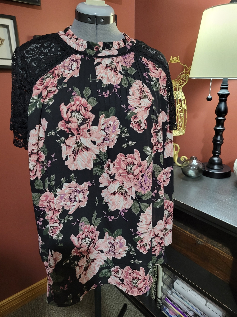 Floral Lace-Trim Black & Pink Womens Blouse Cottagecore, Whimsigoth, Dark Romant
